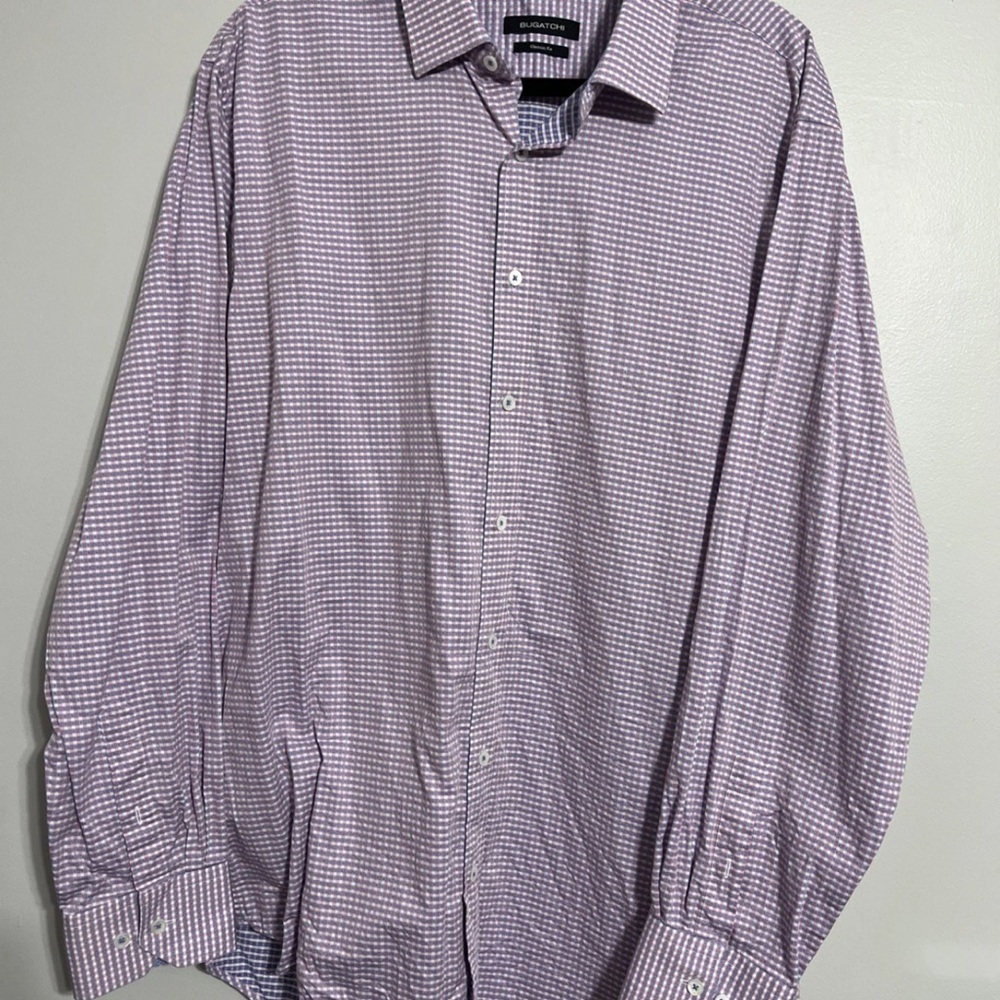 Bugatchi Classic Fit Men’s Dress Shirt 100% Cotton Blue & Pink Plaid
